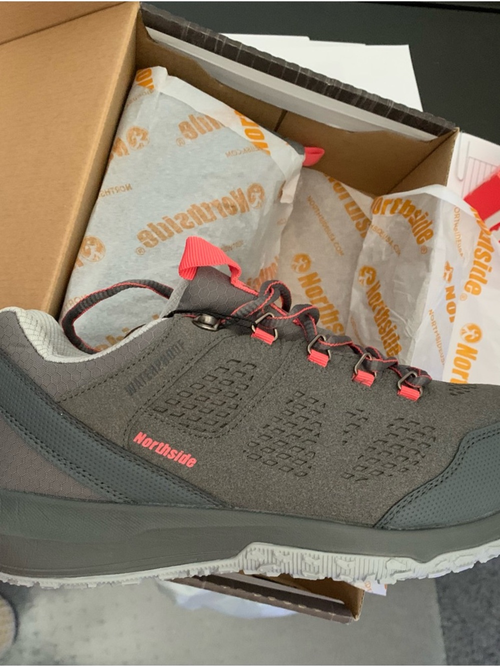 Northside Olive Gray Hiking Shoe with Coral Accents